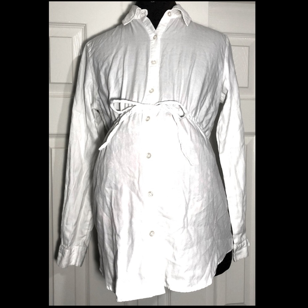COPY - Maternity White Button Up Long Sleeve Collared Dress Shirt With Tie Waist